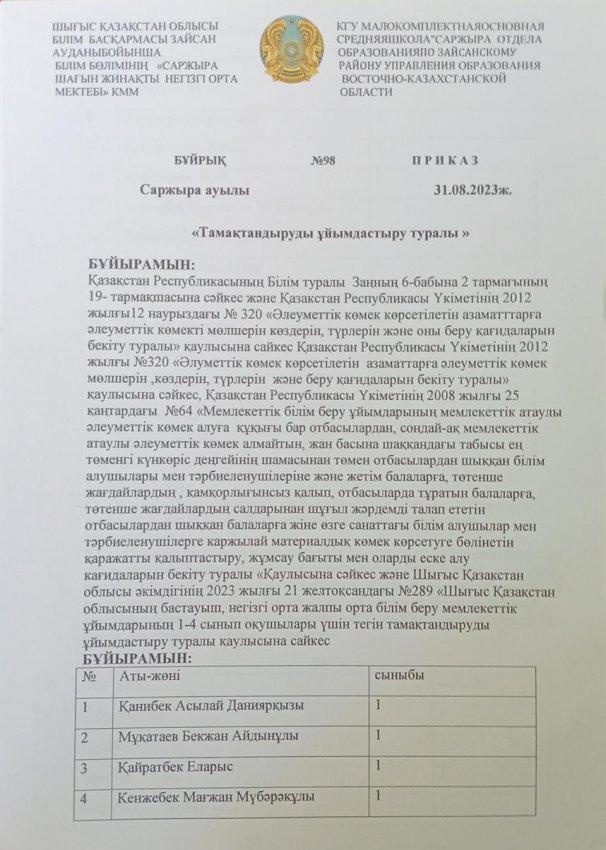 Ыстық тамақ бұйрығы 2023-2024 о.ж