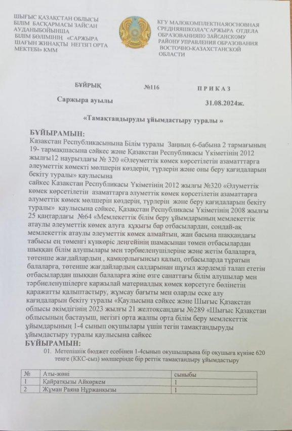 Ыстық тамақ бұйрығы 2024-2025 о.ж